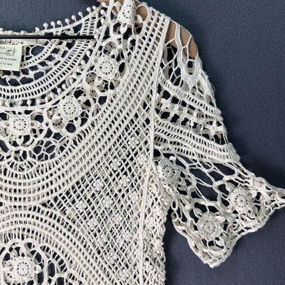 SOLITAIRE Boho Lace Pattern Cream Crochet Blouse | Summer Swim Coverup Size Med - Picture 5 of 8